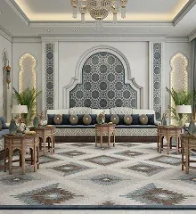 Elegant interior featuring a patterned wall, plush seating