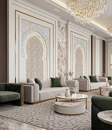 Elegant living room featuring intricate wall designs