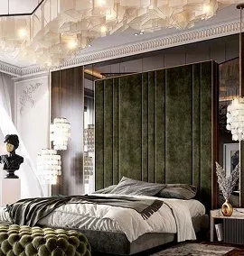 Luxurious bedroom featuring a green velvet tufted headboard