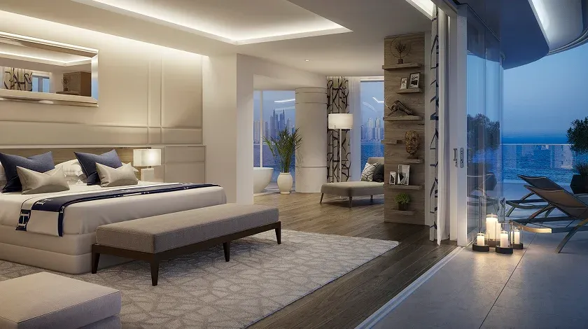 Luxurious bedroom with a large bed, stylish decor