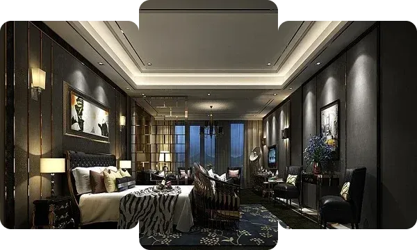 Luxurious hotel suite featuring a stylish black and white decor