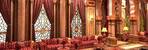 Luxurious interior with rich red drapes, patterned windows