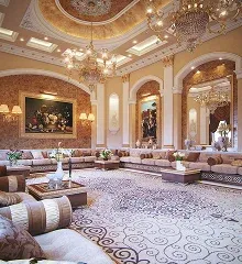 Luxurious living room featuring ornate chandeliers