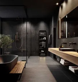 Modern bathroom featuring a freestanding black tub
