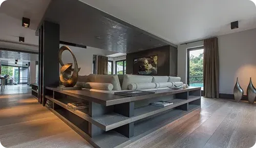 Modern living room featuring a low sofa